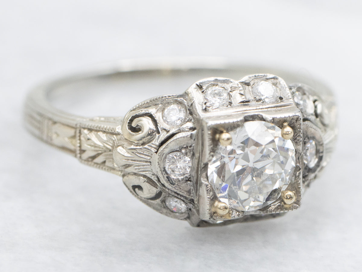 Late Art Deco European Cut Diamond Engagement Ring