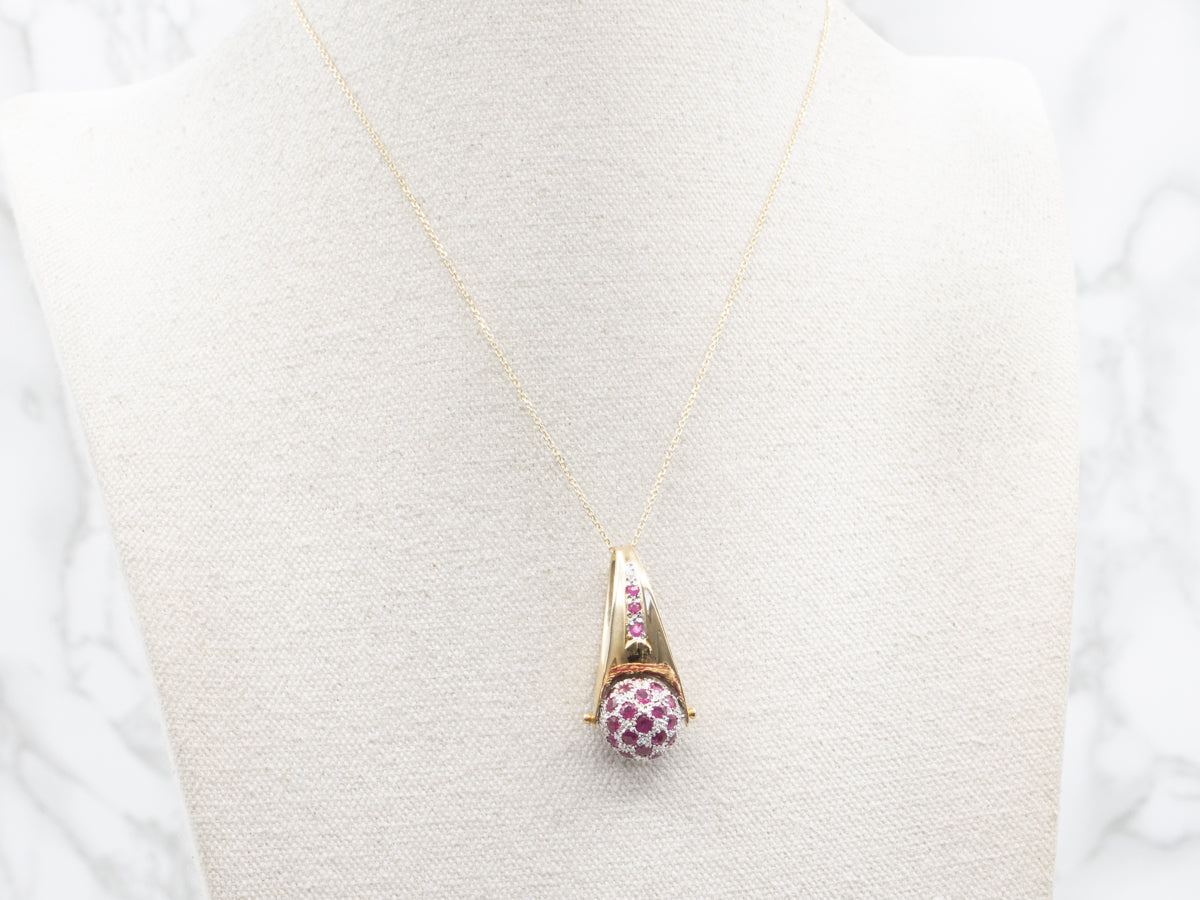 Modernist Ruby and Diamond Encrusted Spinning Sphere Pendant