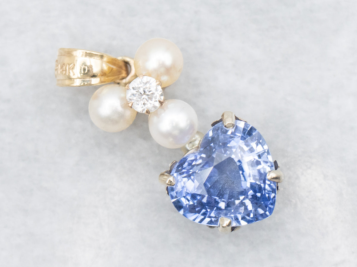 Blue Sapphire Heart Diamond and Pearl Cluster Pendant