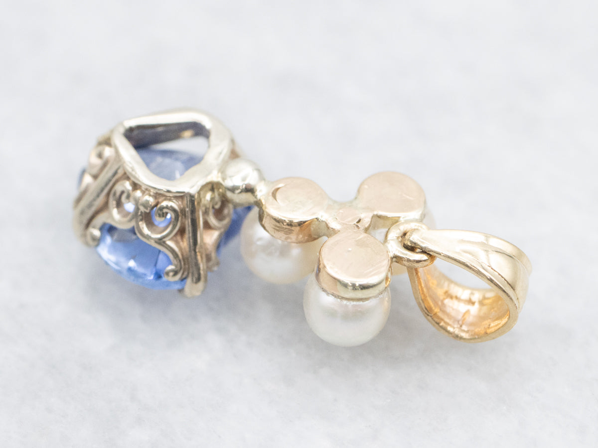 Blue Sapphire Heart Diamond and Pearl Cluster Pendant