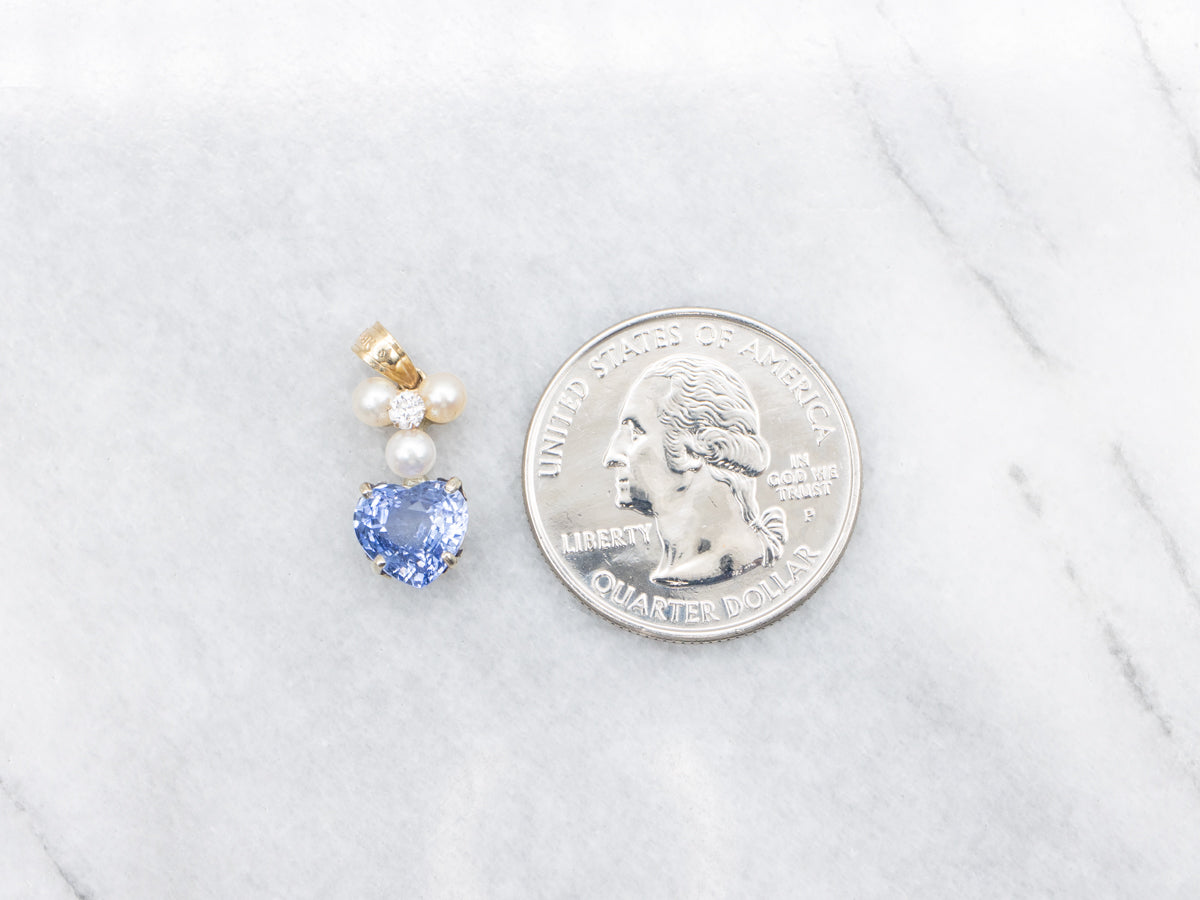 Blue Sapphire Heart Diamond and Pearl Cluster Pendant