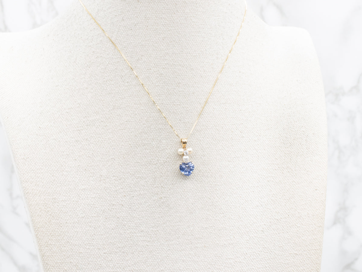 Blue Sapphire Heart Diamond and Pearl Cluster Pendant