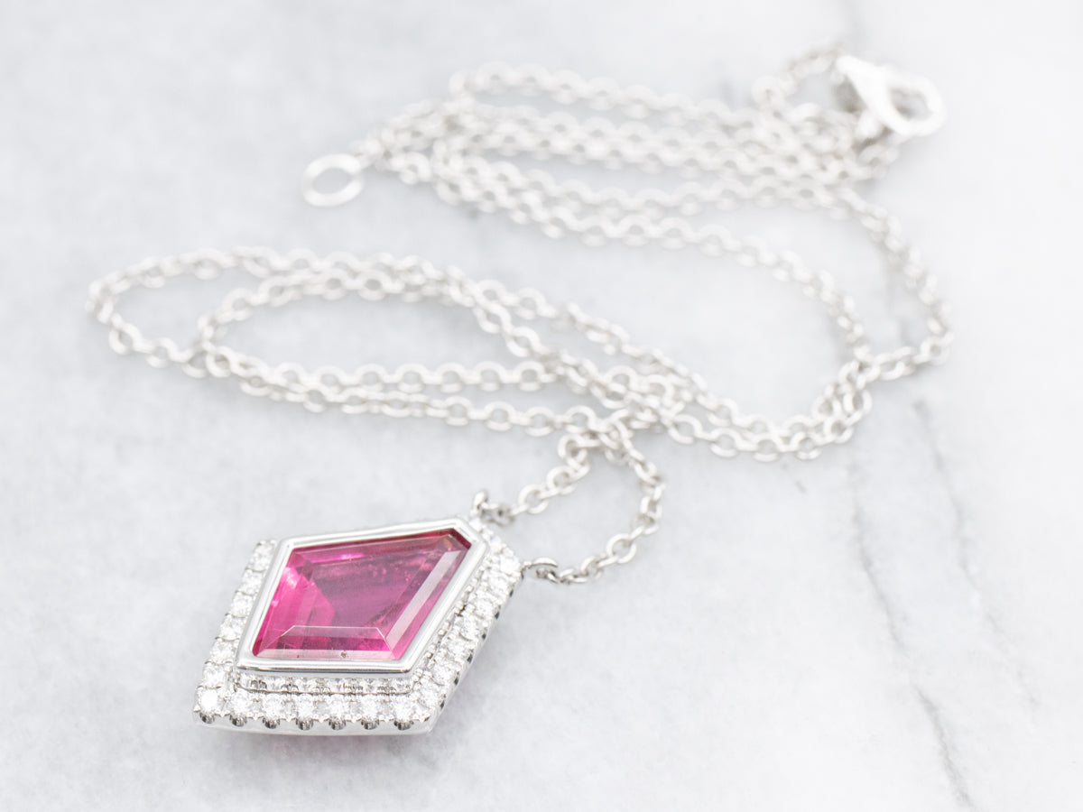 Modern Pink Tourmaline and Diamond Halo Pendant Necklace