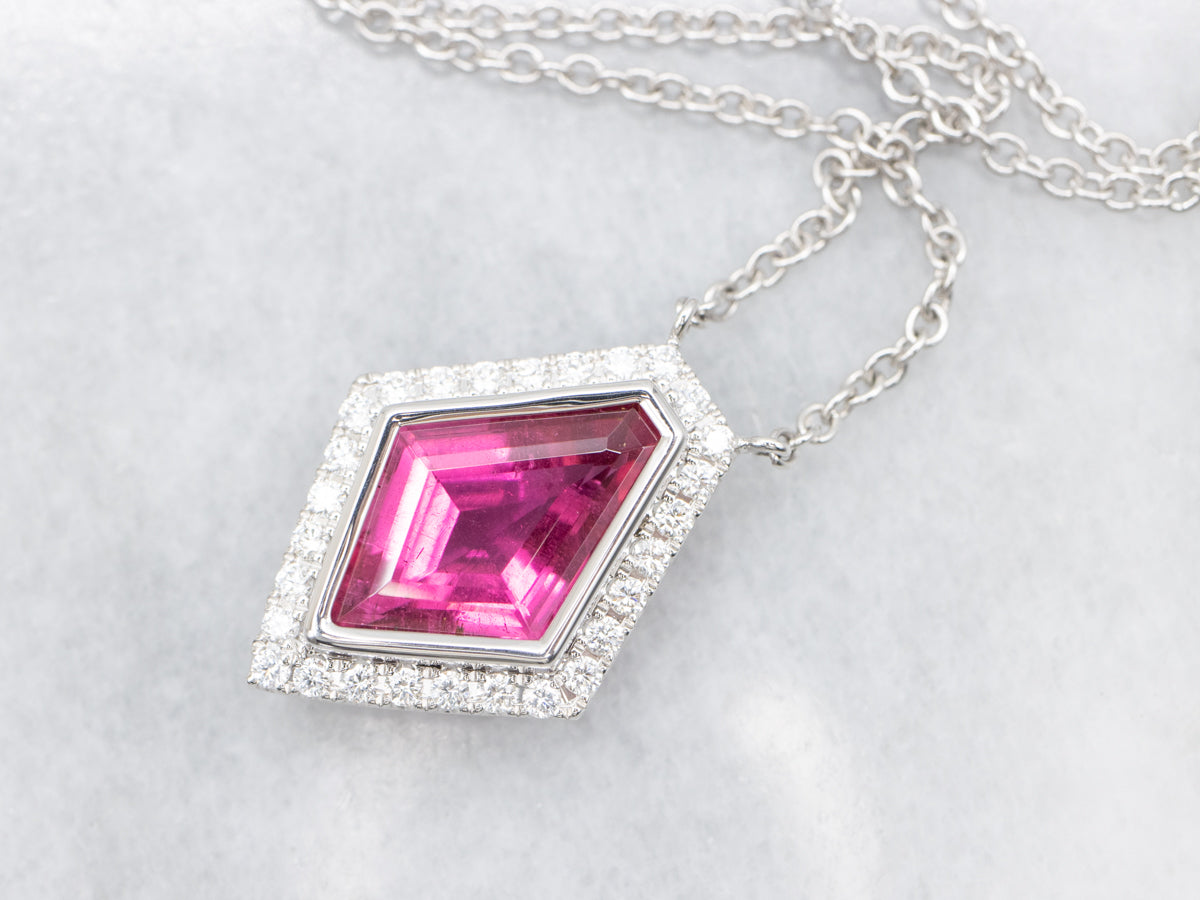 Modern Pink Tourmaline and Diamond Halo Pendant Necklace