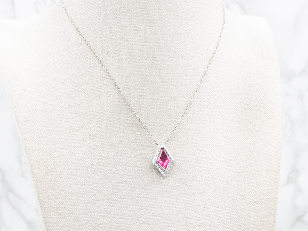 Modern Pink Tourmaline and Diamond Halo Pendant Necklace