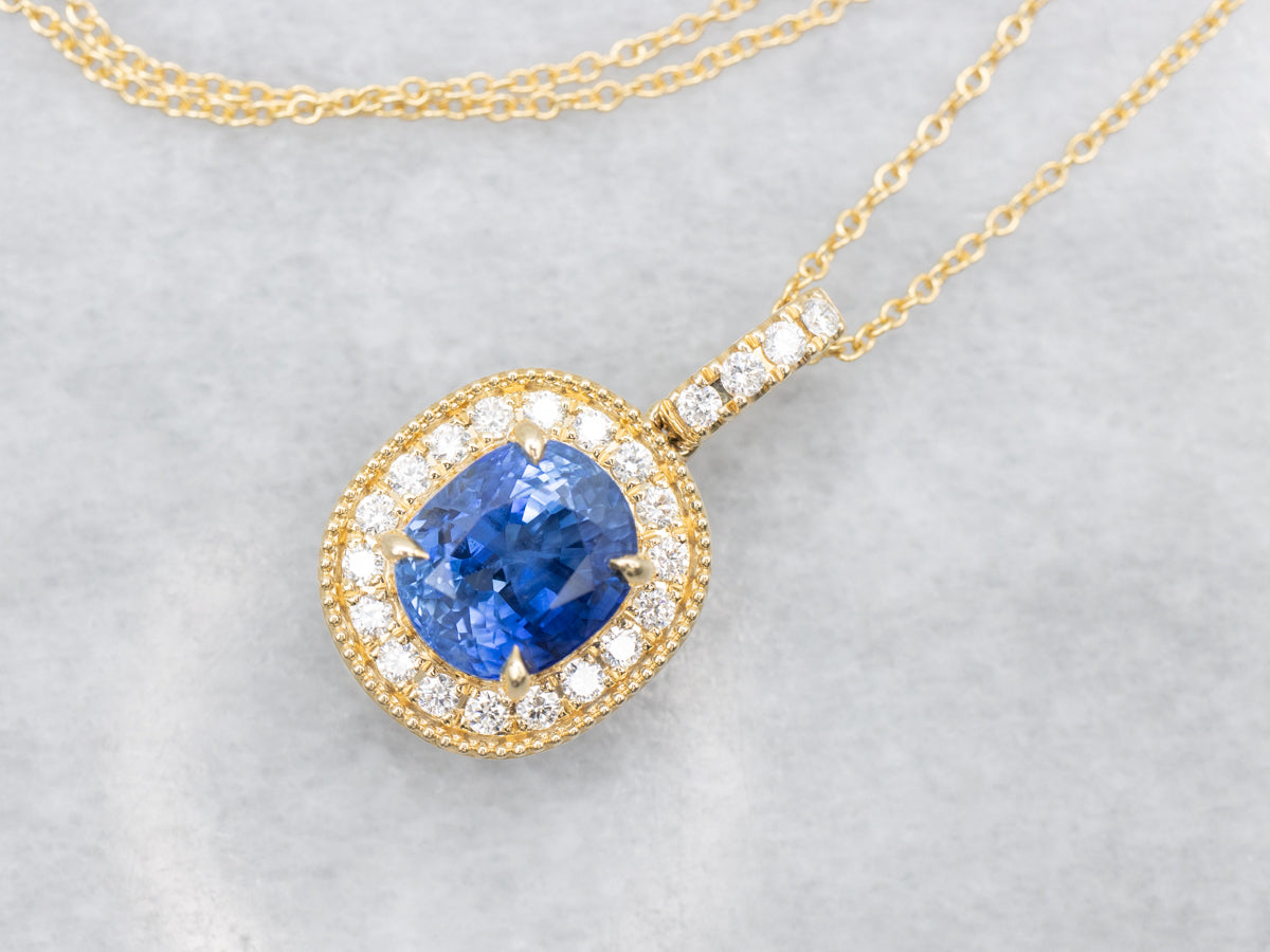 Modern Sapphire and Diamond Halo Pendant on Cable Chain