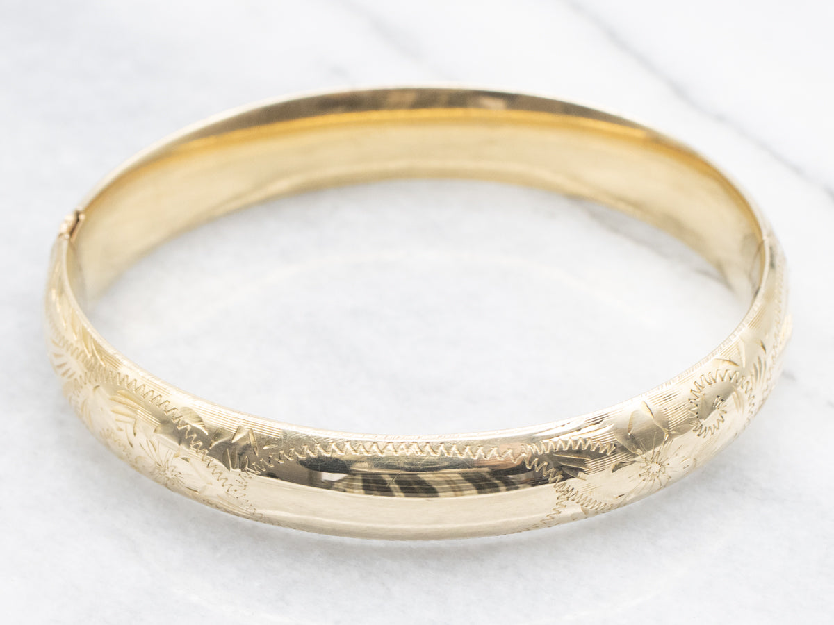 Vintage Gold Engraved Floral Bangle Bracelet
