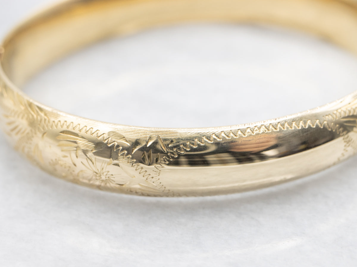 Vintage Gold Engraved Floral Bangle Bracelet
