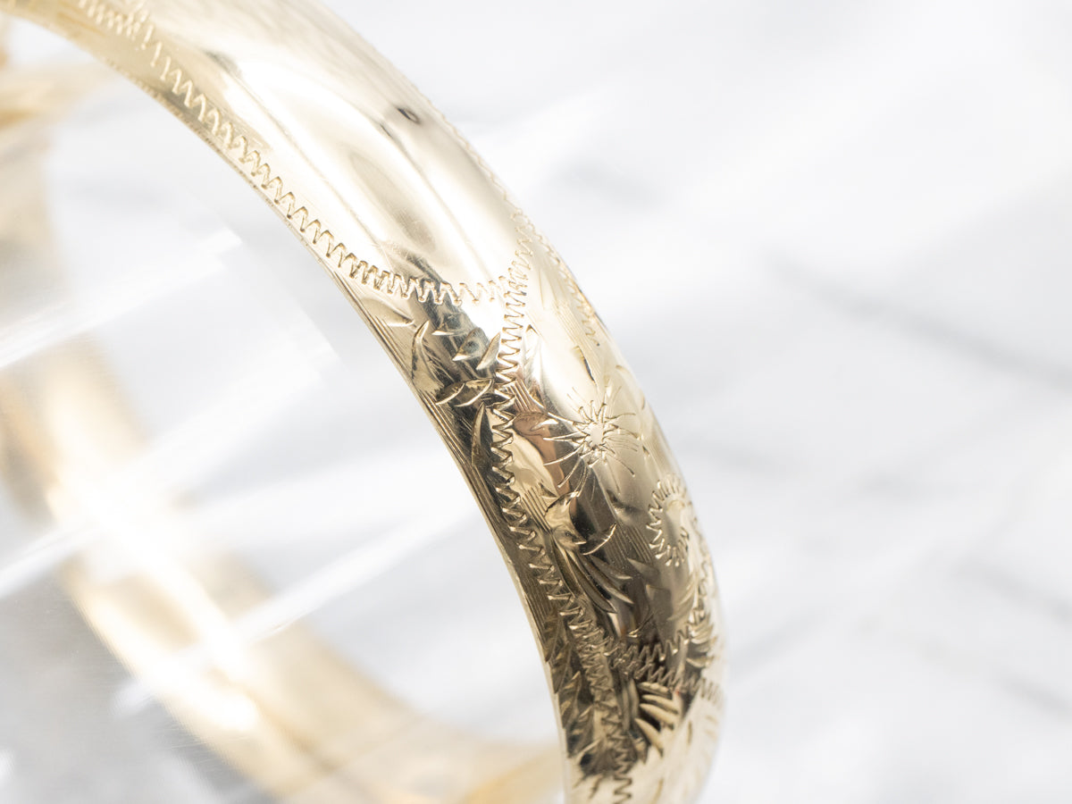 Vintage Gold Engraved Floral Bangle Bracelet