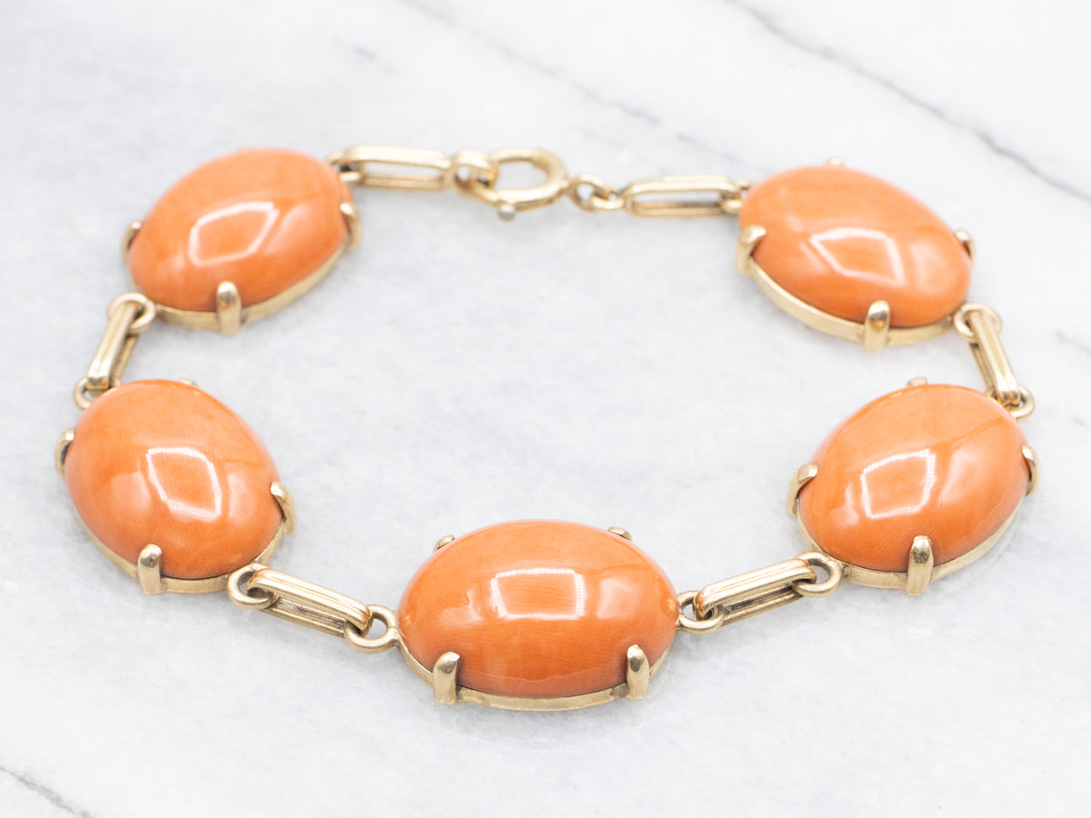 Vintage Gold Large Coral Cabochon Link Bracelet