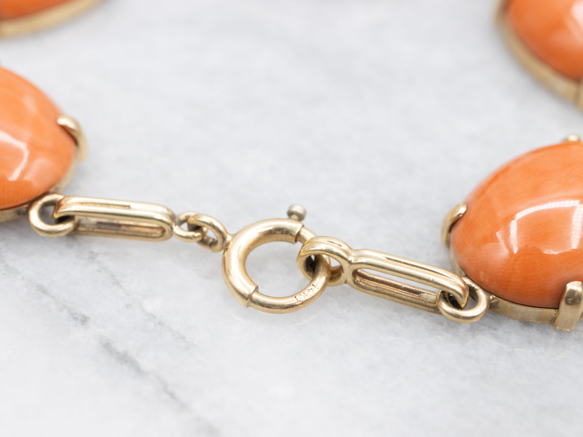 Vintage Gold Large Coral Cabochon Link Bracelet