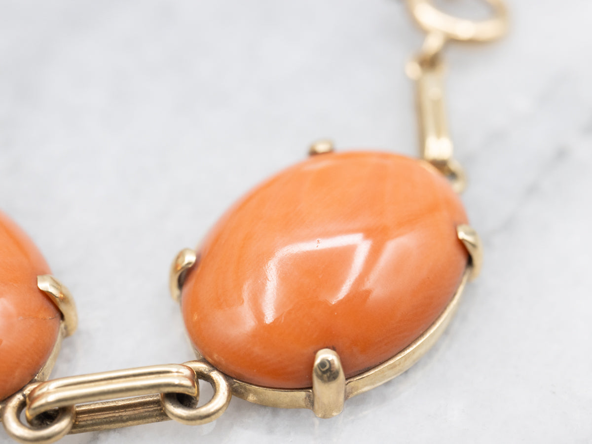 Vintage Gold Large Coral Cabochon Link Bracelet
