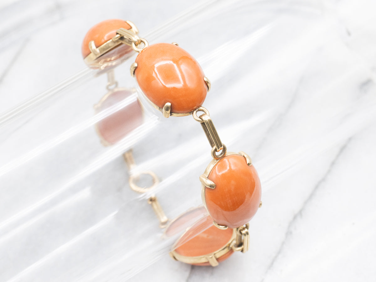 Vintage Gold Large Coral Cabochon Link Bracelet