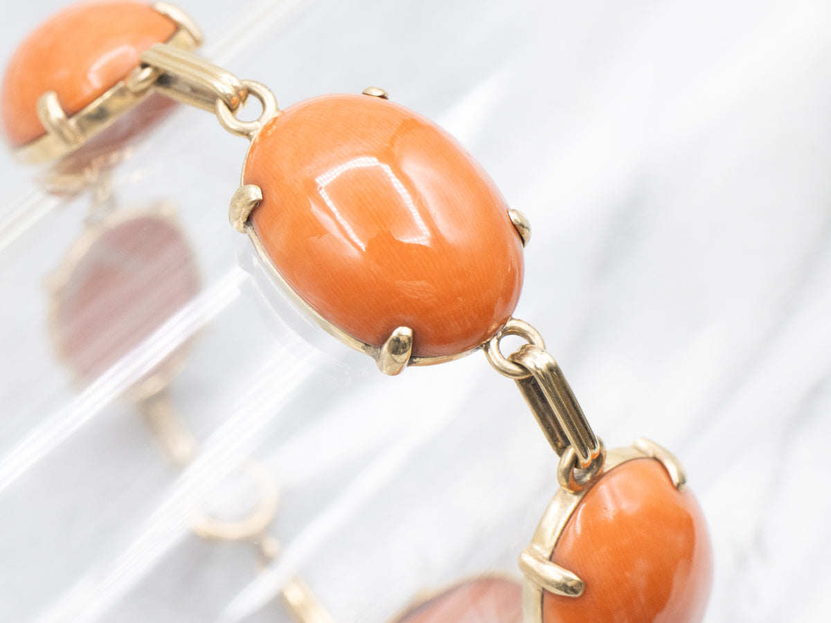 Vintage Gold Large Coral Cabochon Link Bracelet