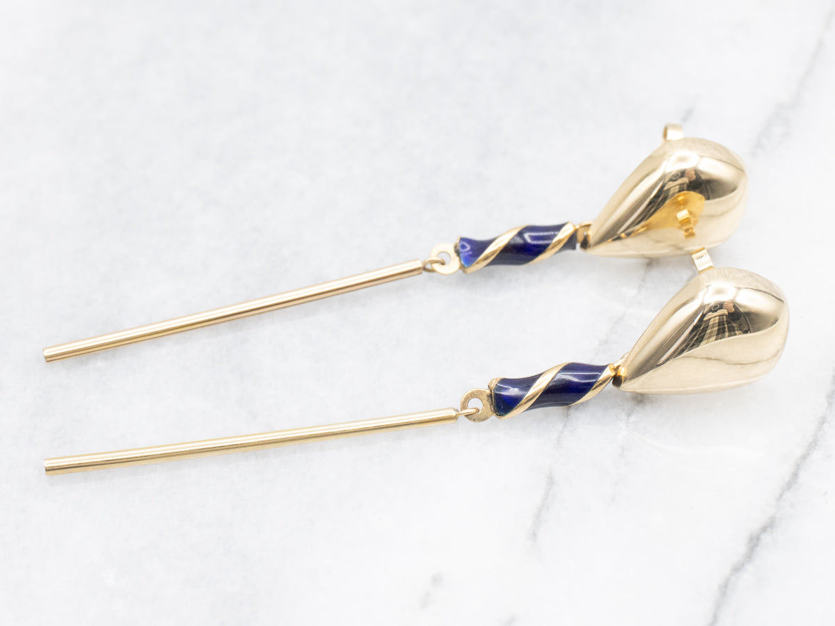 Blue Enamel Swirl Accented Bar Drop Earrings, Long Contemporary Drops