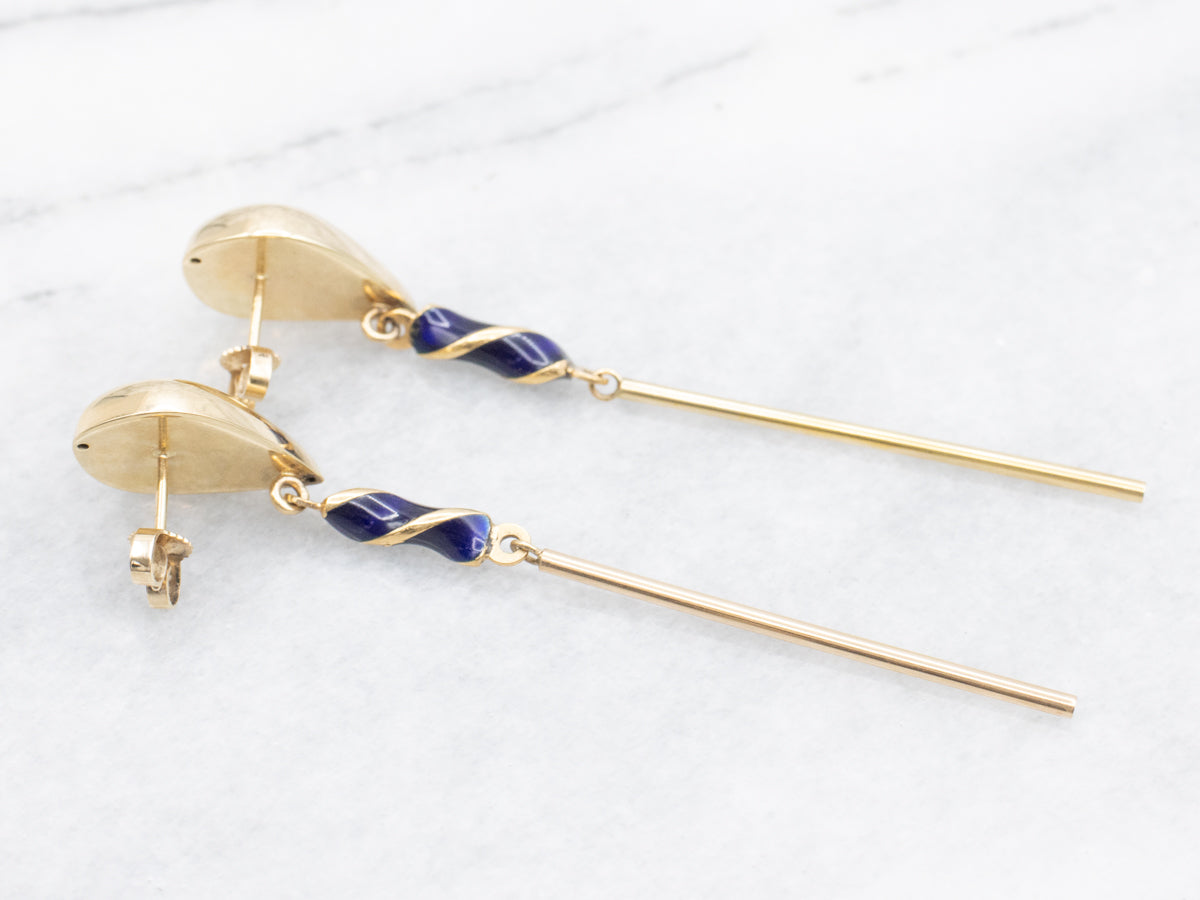 Blue Enamel Swirl Accented Bar Drop Earrings, Long Contemporary Drops