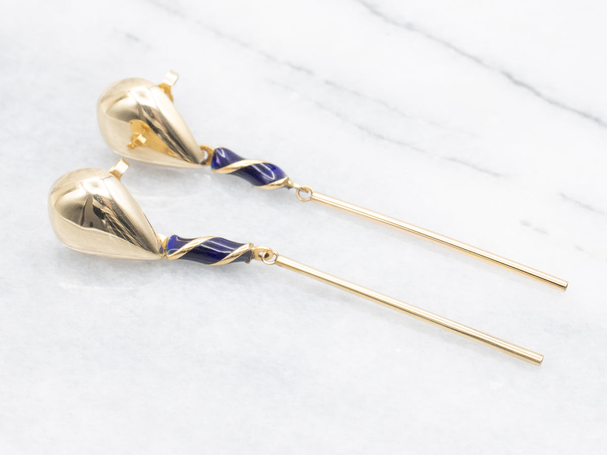 Blue Enamel Swirl Accented Bar Drop Earrings, Long Contemporary Drops