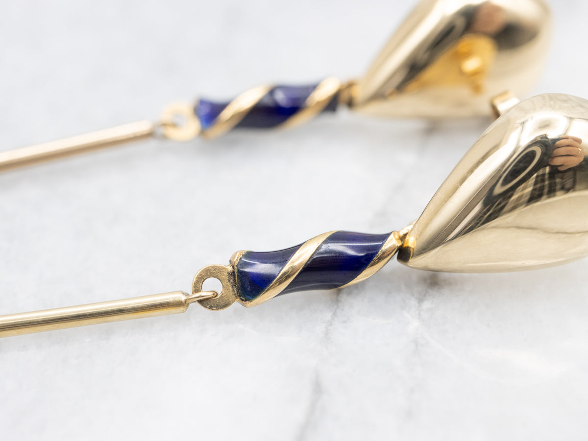 Blue Enamel Swirl Accented Bar Drop Earrings, Long Contemporary Drops