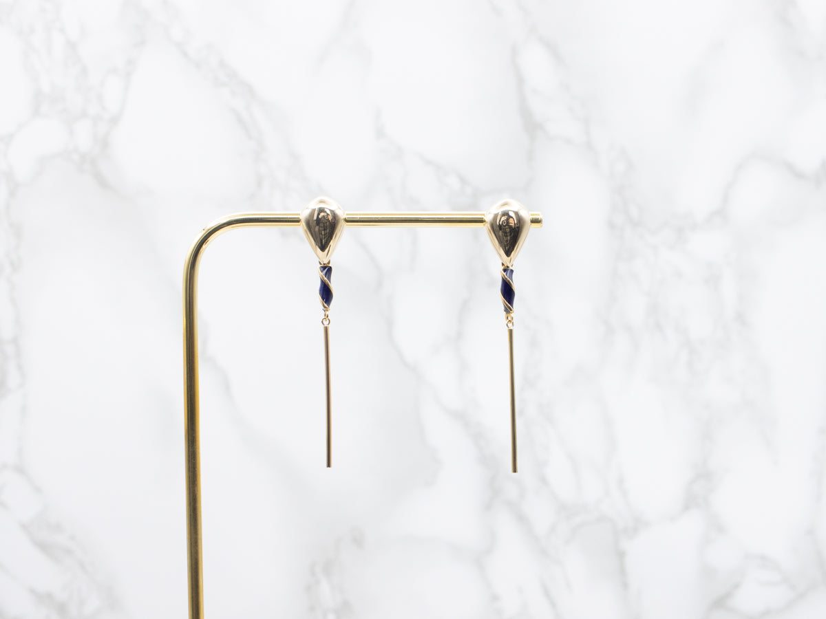 Blue Enamel Swirl Accented Bar Drop Earrings, Long Contemporary Drops