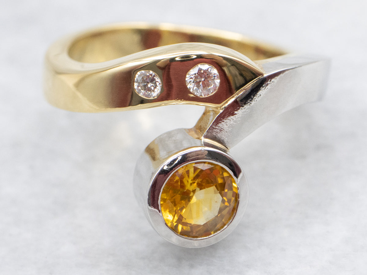 Mixed Metal Modernist Yellow Sapphire Ring with Diamond Accents