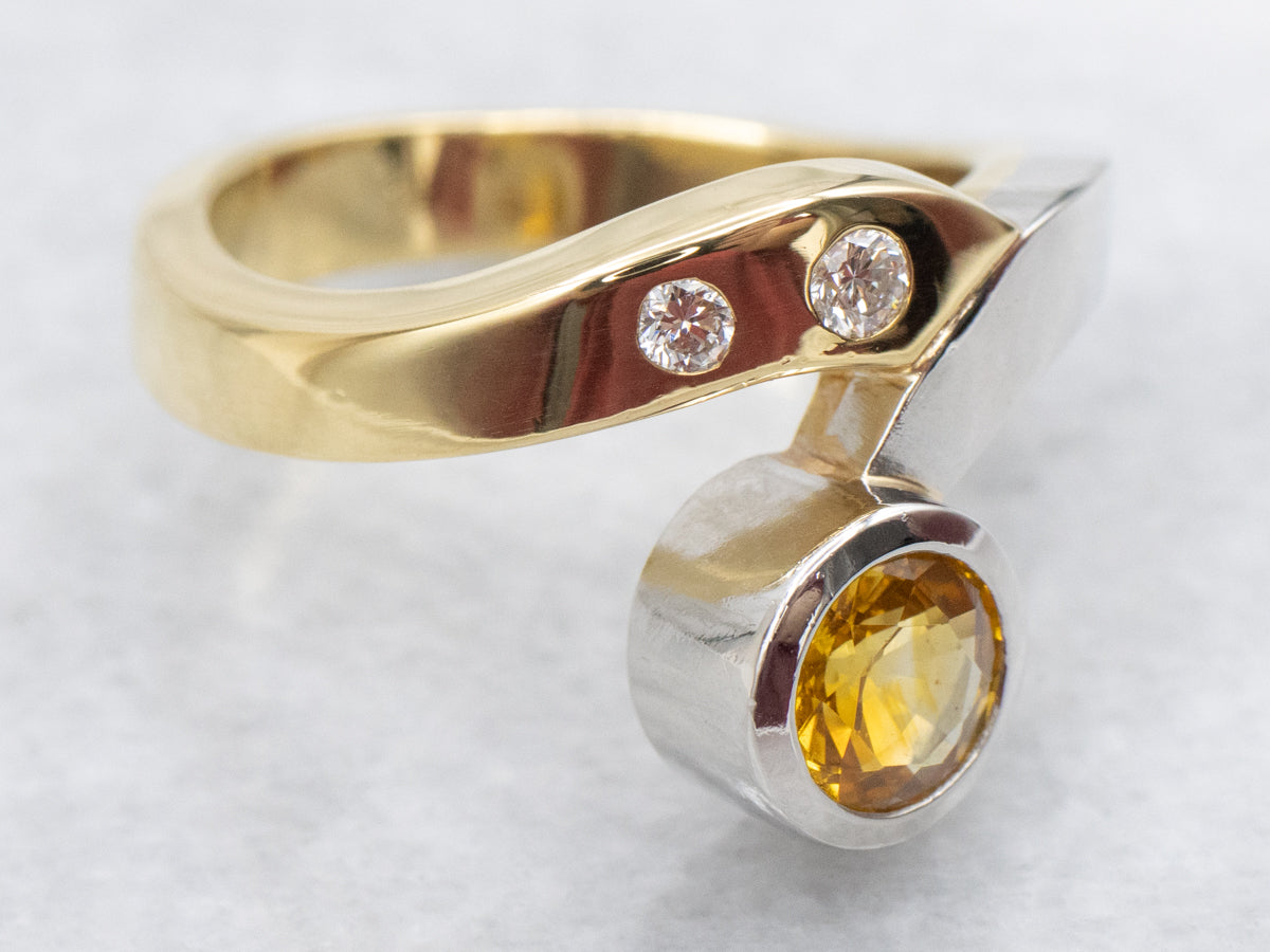 Mixed Metal Modernist Yellow Sapphire Ring with Diamond Accents