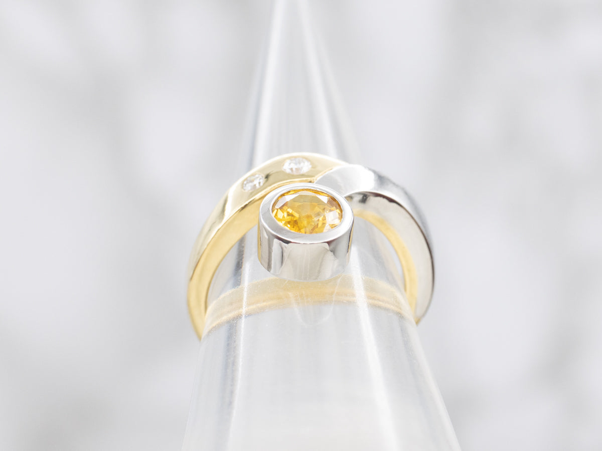 Mixed Metal Modernist Yellow Sapphire Ring with Diamond Accents