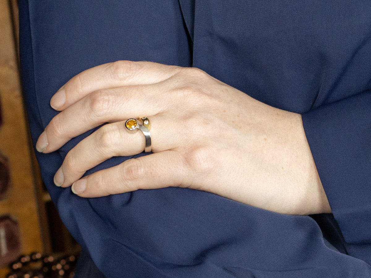 Mixed Metal Modernist Yellow Sapphire Ring with Diamond Accents