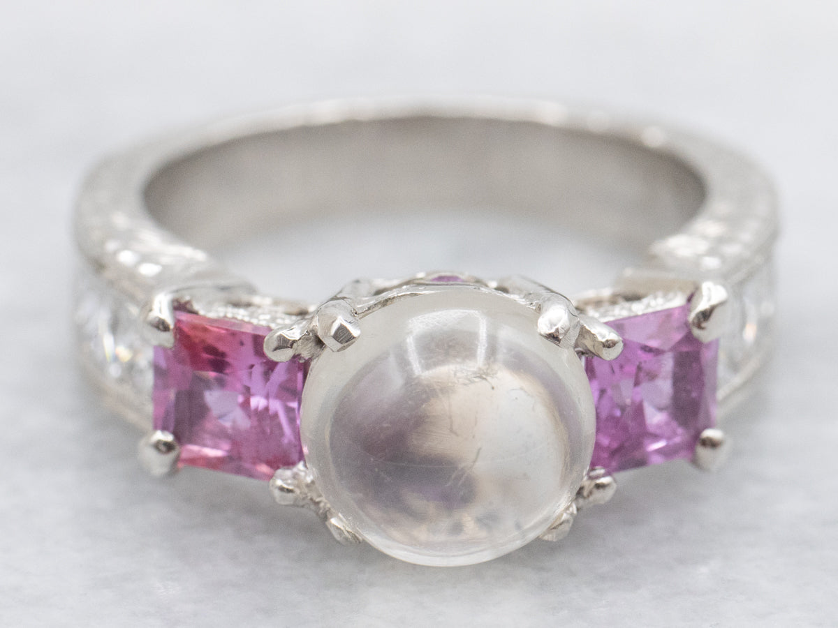 Platinum Moonstone Pink Sapphire and Diamond Ring