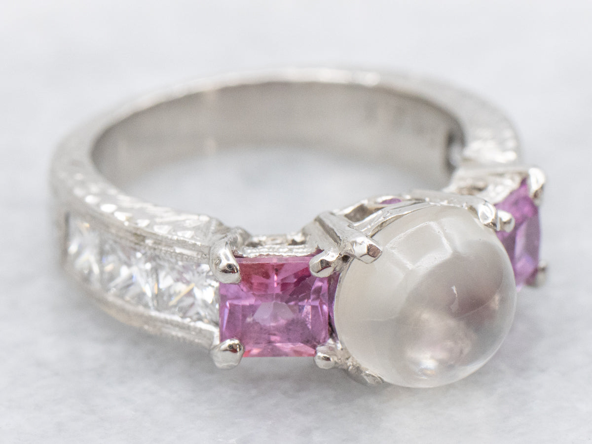 Platinum Moonstone Pink Sapphire and Diamond Ring