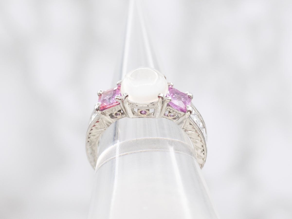 Platinum Moonstone Pink Sapphire and Diamond Ring