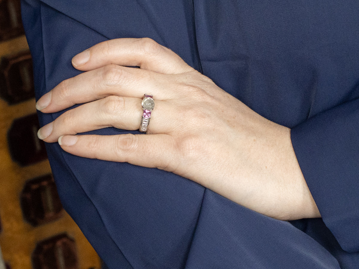 Platinum Moonstone Pink Sapphire and Diamond Ring
