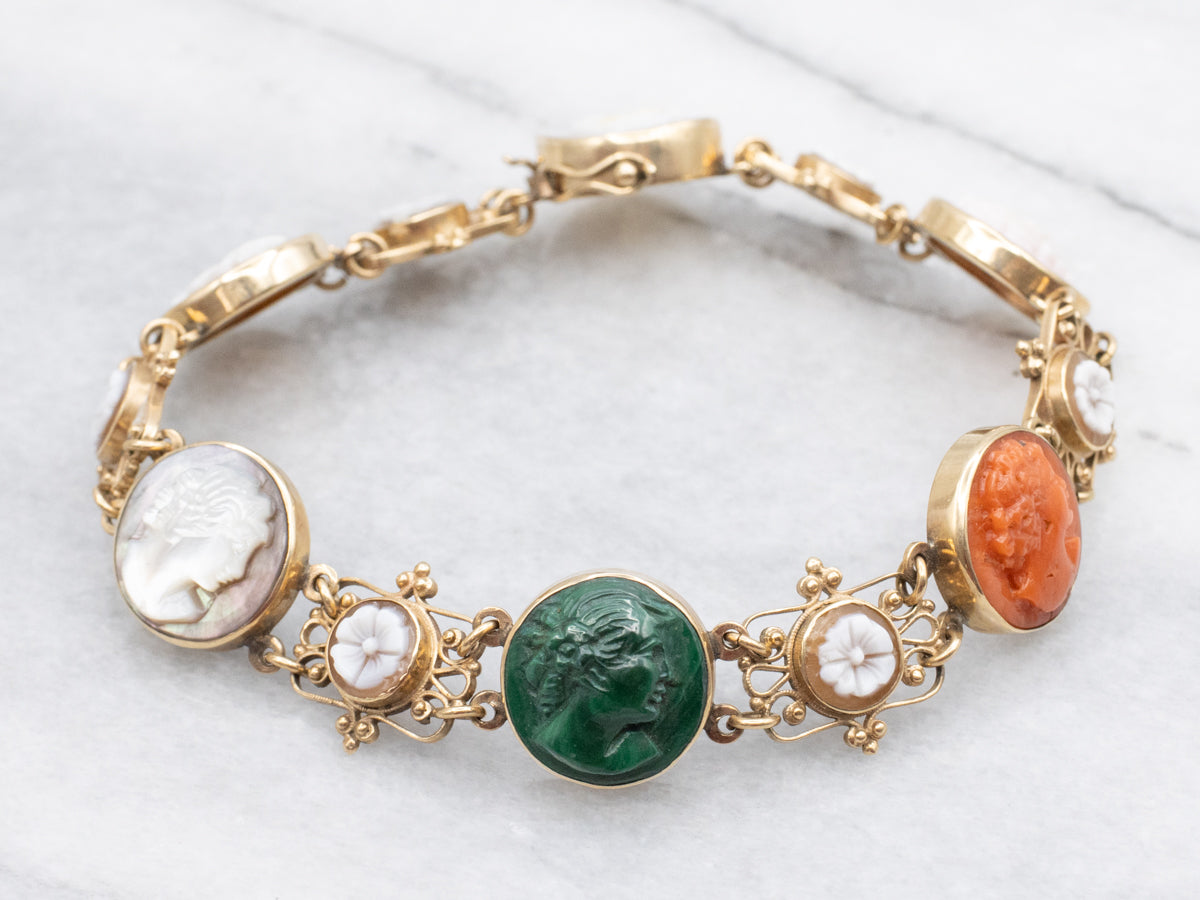 Victorian Revival Multi Stone Floral Cameo Link Bracelet