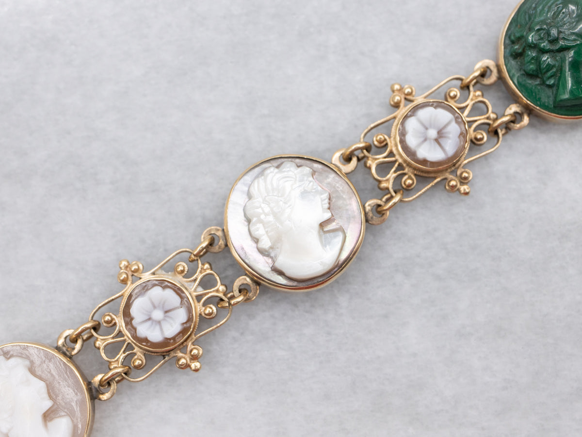 Victorian Revival Multi Stone Floral Cameo Link Bracelet
