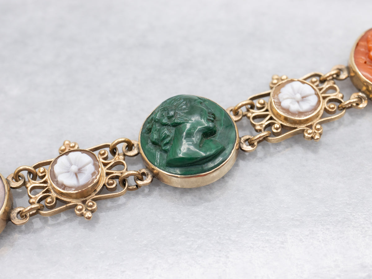 Victorian Revival Multi Stone Floral Cameo Link Bracelet