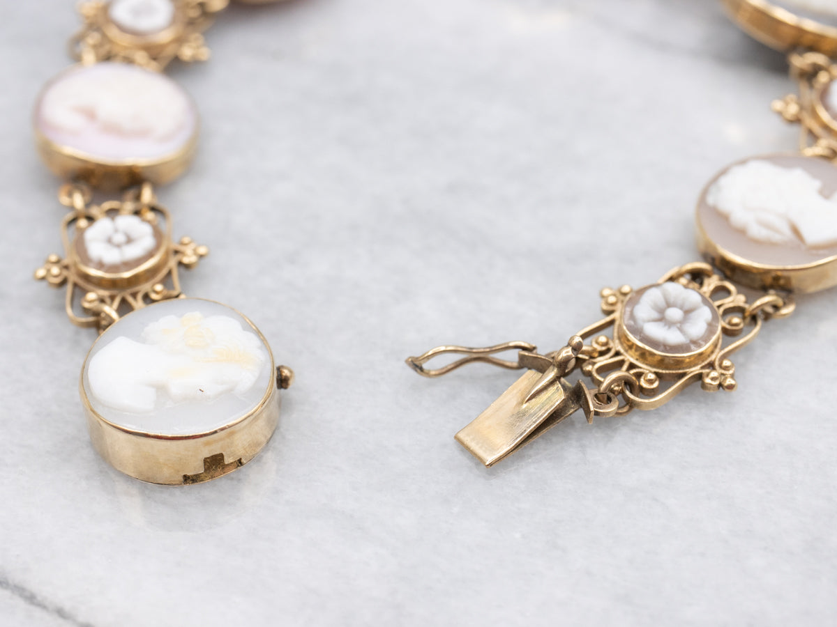 Victorian Revival Multi Stone Floral Cameo Link Bracelet