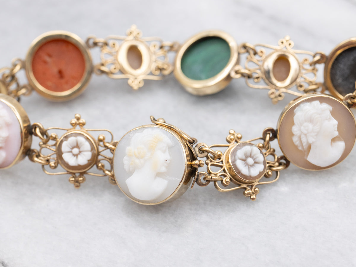 Victorian Revival Multi Stone Floral Cameo Link Bracelet