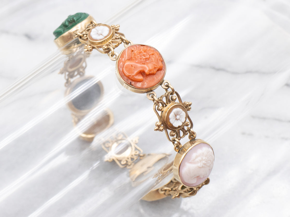 Victorian Revival Multi Stone Floral Cameo Link Bracelet
