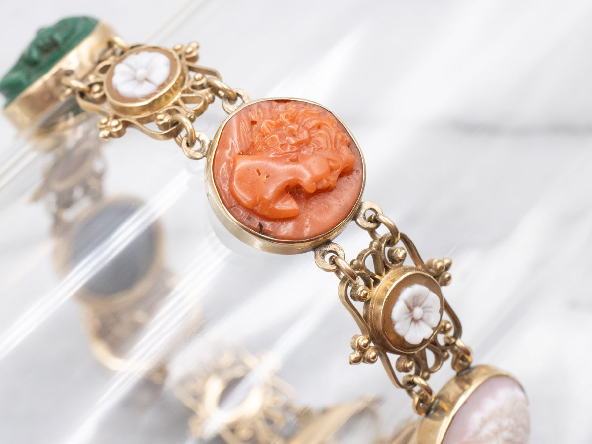 Victorian Revival Multi Stone Floral Cameo Link Bracelet