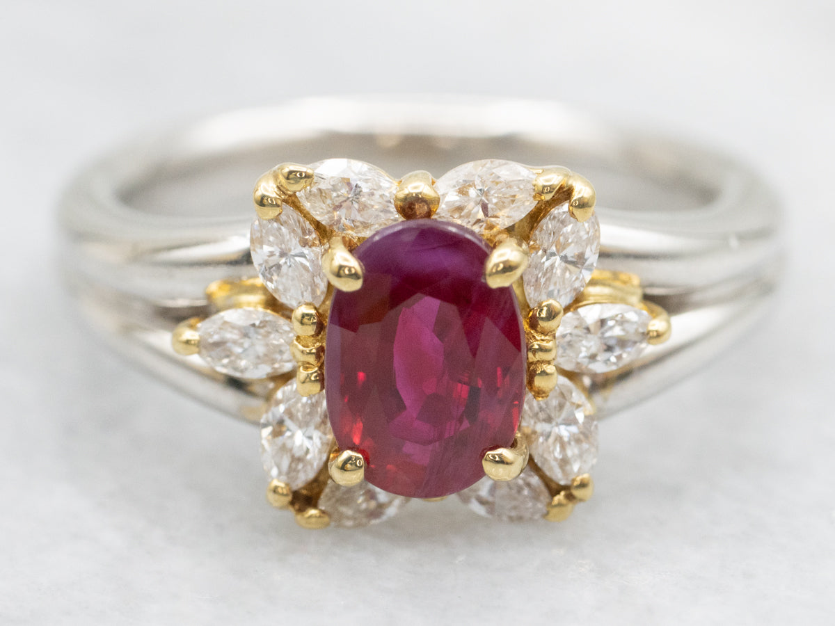 Platinum and Yellow Gold Ruby Ring with Diamond Halo