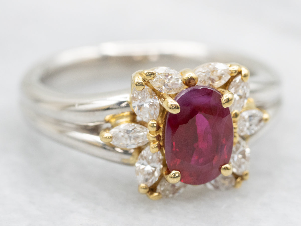 Platinum and Yellow Gold Ruby Ring with Diamond Halo