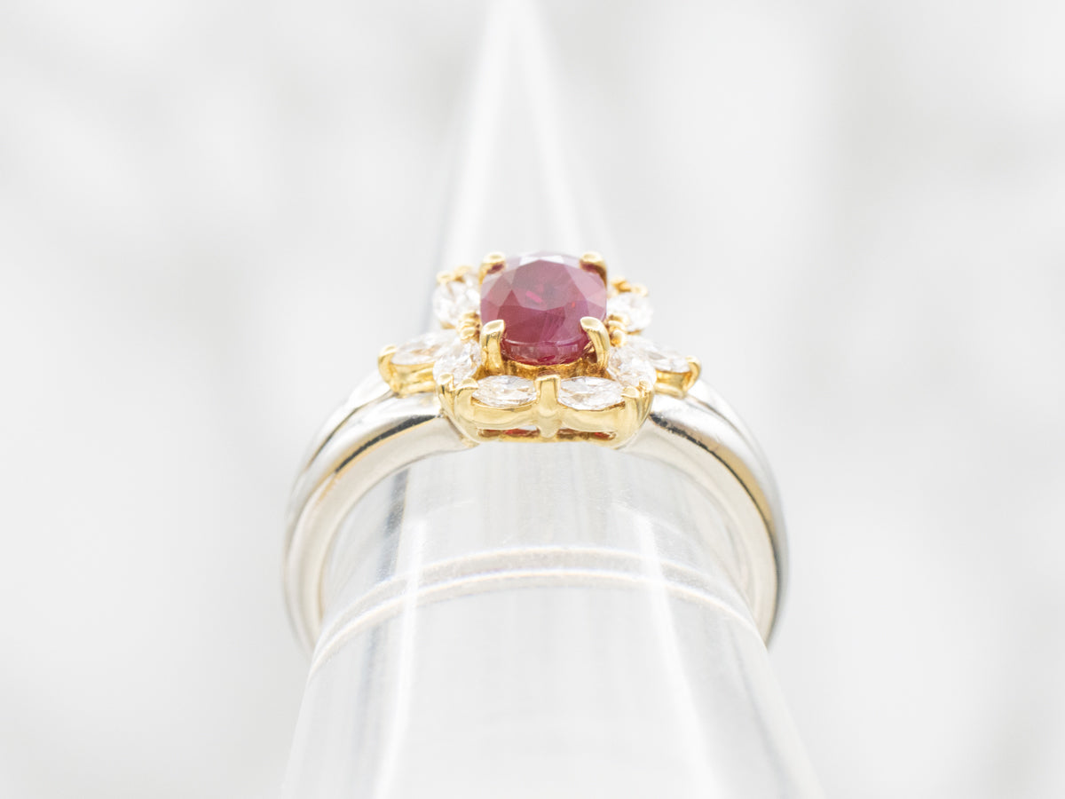 Platinum and Yellow Gold Ruby Ring with Diamond Halo