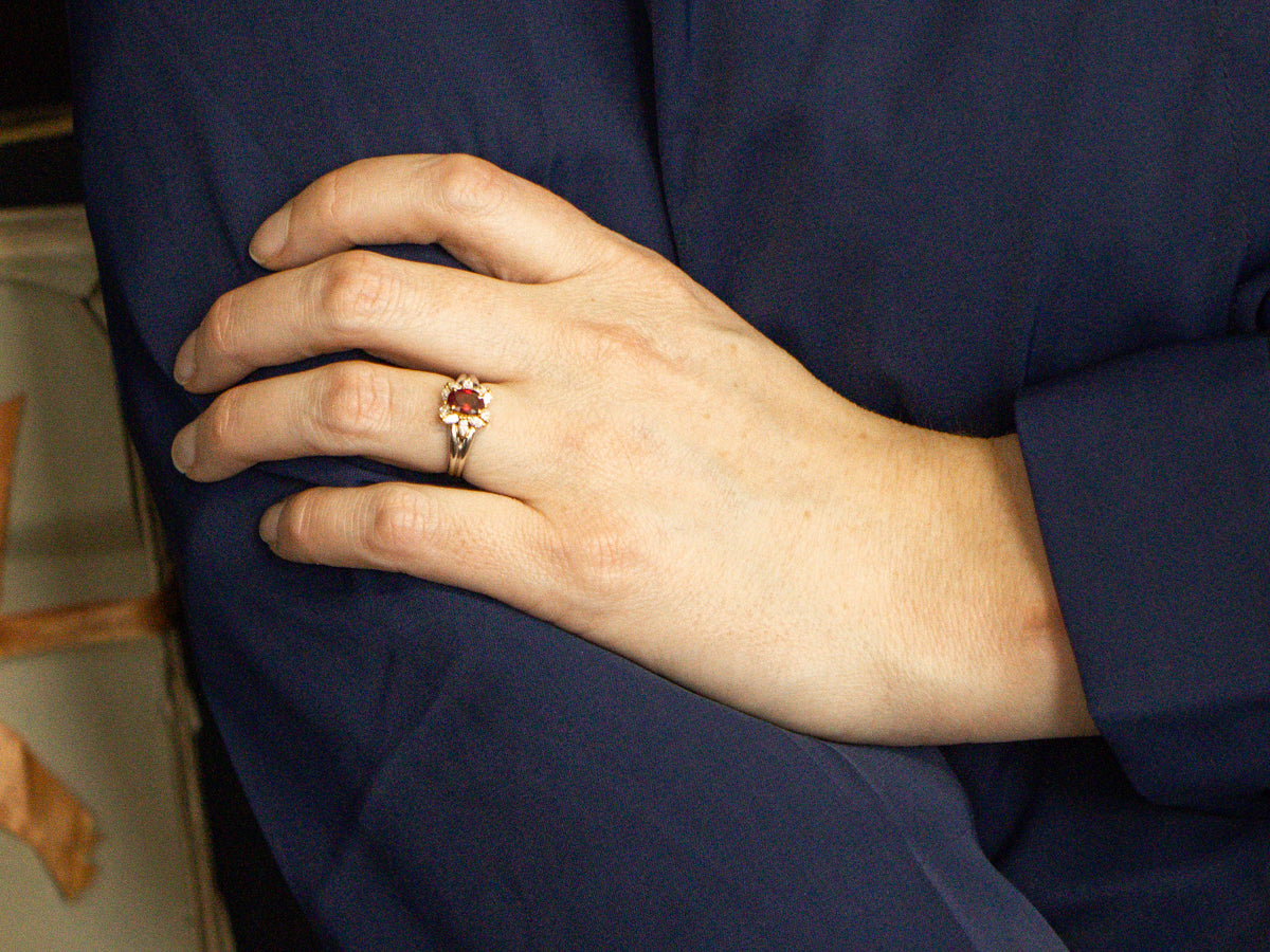 Platinum and Yellow Gold Ruby Ring with Diamond Halo