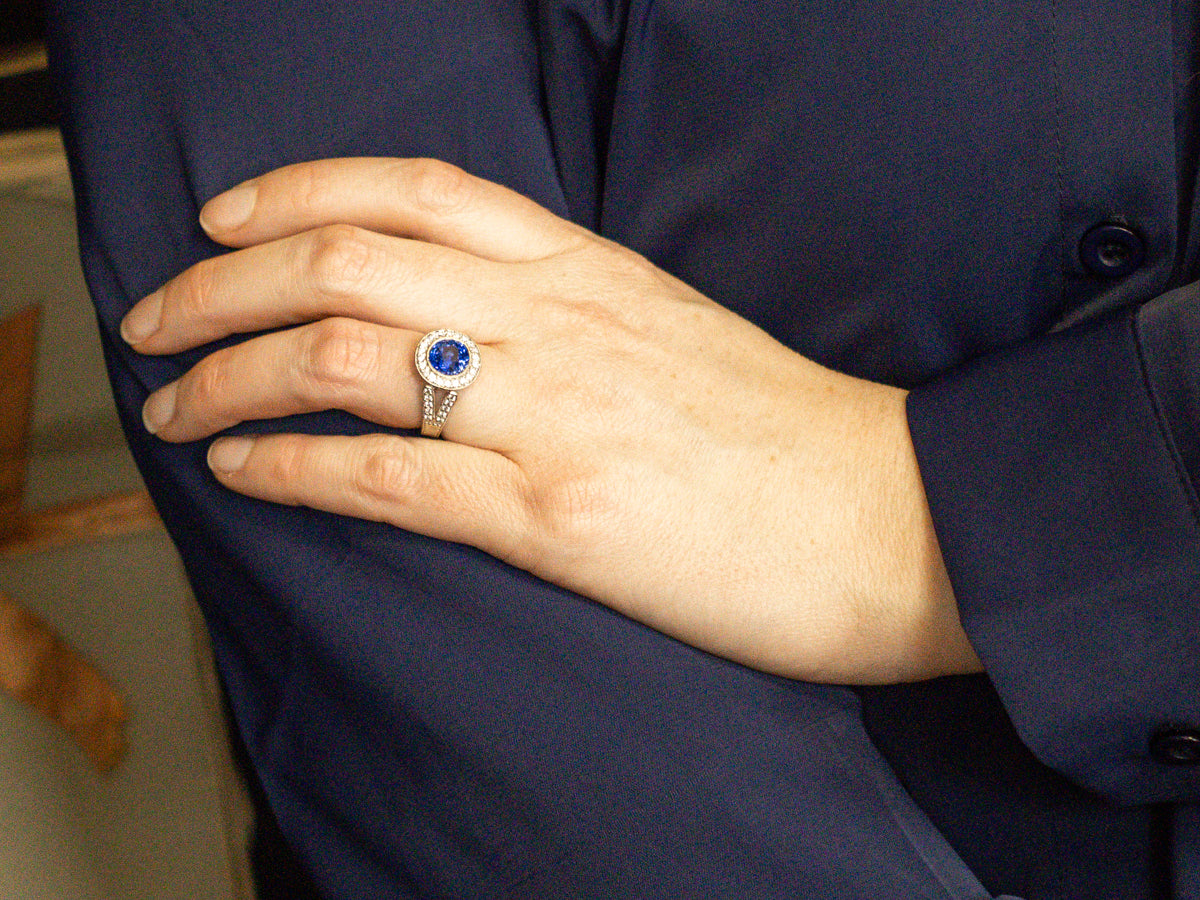 Bold Blue Sapphire and Diamond Encrusted Halo Ring