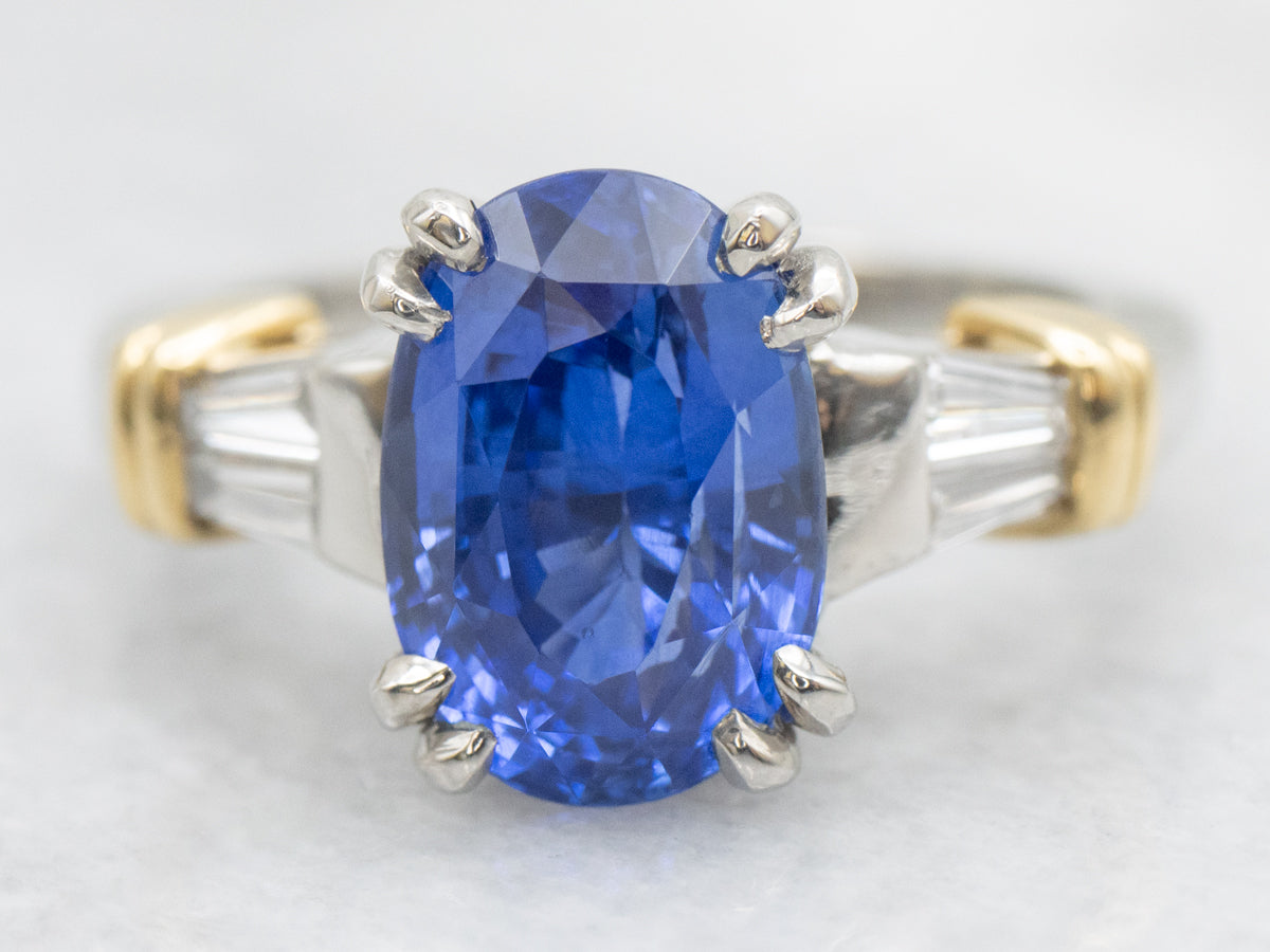 Modern Platinum and Gold Sapphire and Diamond Ring