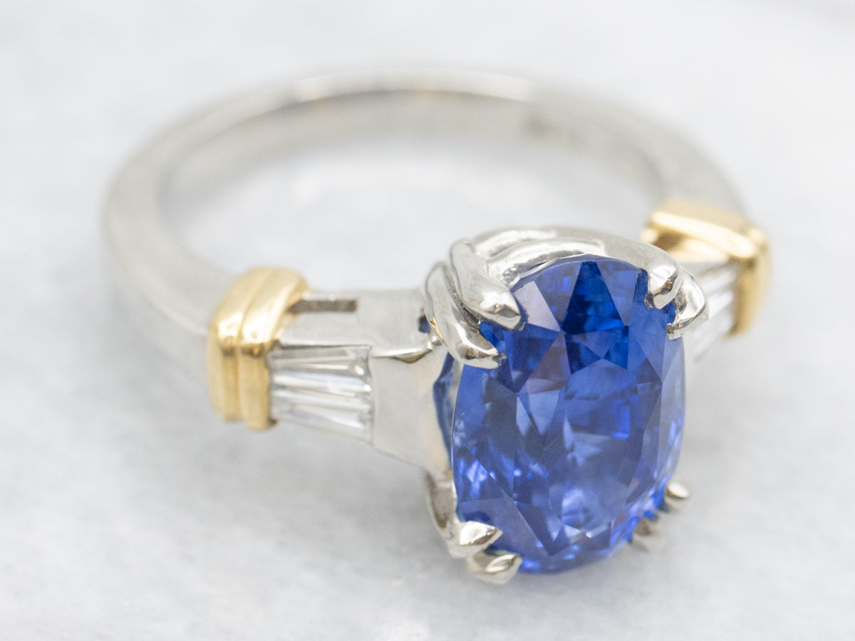 Modern Platinum and Gold Sapphire and Diamond Ring