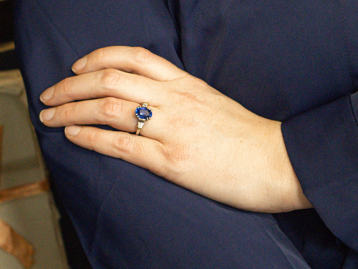 Modern Platinum and Gold Sapphire and Diamond Ring