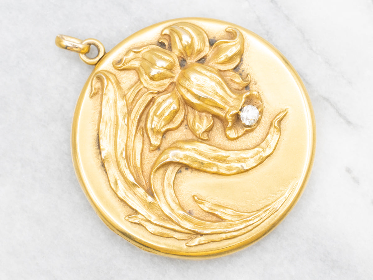Bloomed Gold Diamond Daffodil Art Nouveau Locket