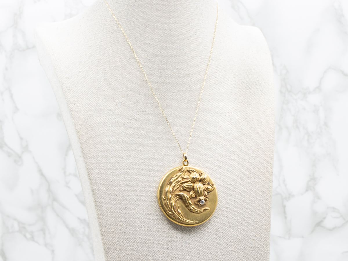 Bloomed Gold Diamond Daffodil Art Nouveau Locket