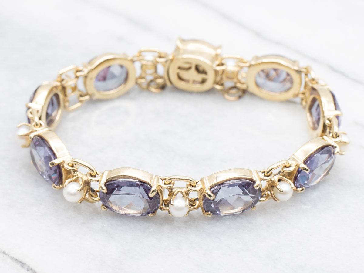 Synthetic Alexandrite and Pearl Gemstone Link Bracelet