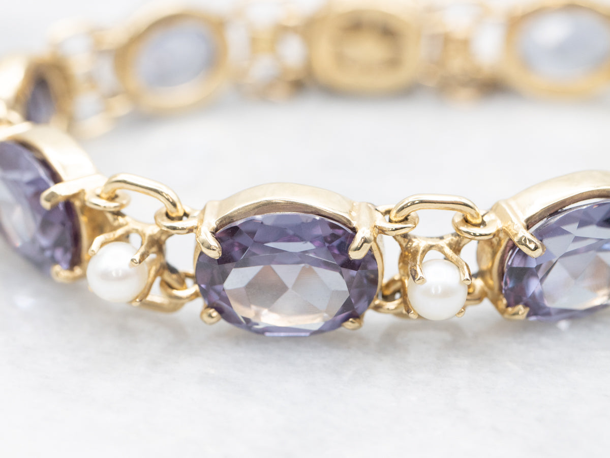 Synthetic Alexandrite and Pearl Gemstone Link Bracelet
